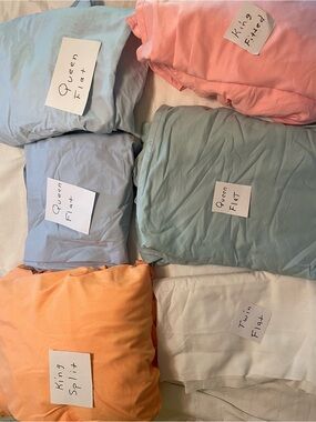 Sheets Blue, Pink, Green, Peach, and White